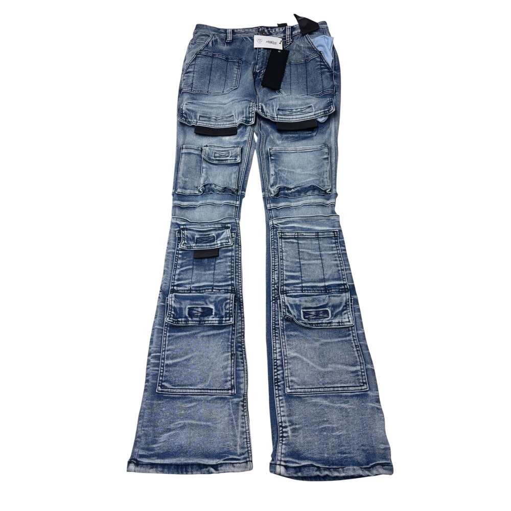 NWT Kloud9 New York Stack Fit Multi Pocket Cargo Denim Jeans Blue Mens 30/35